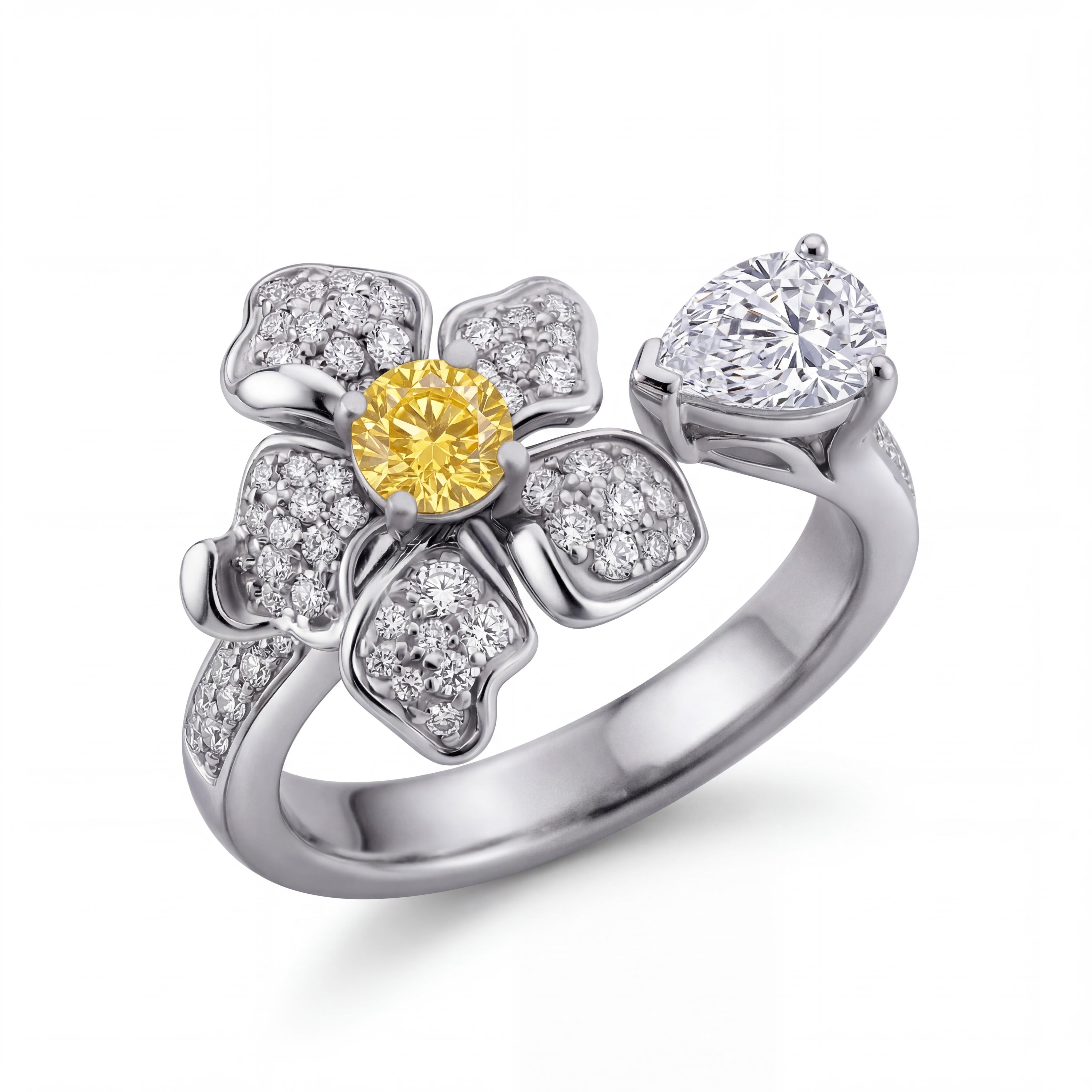 Bold 2.5 Ct.tw Floral Sparkling Yellow Round & Pear Cut S925 Silver Ring - Image 3
