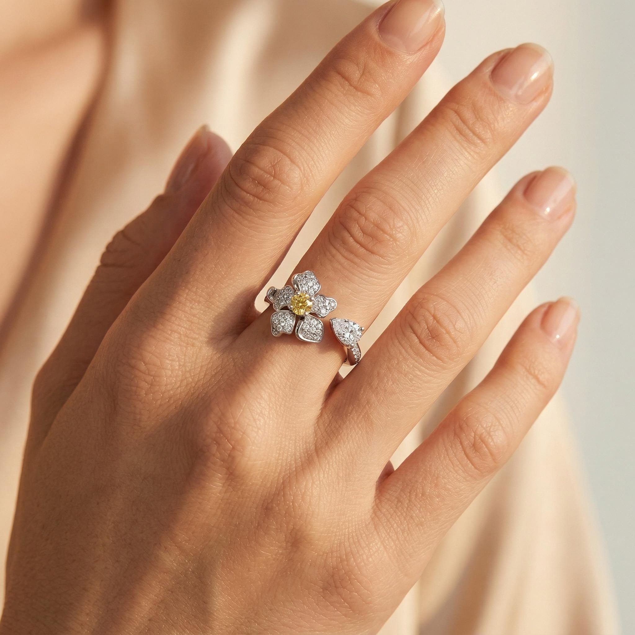 Bold 2.5 Ct.tw Floral Sparkling Yellow Round & Pear Cut S925 Silver Ring - Image 4