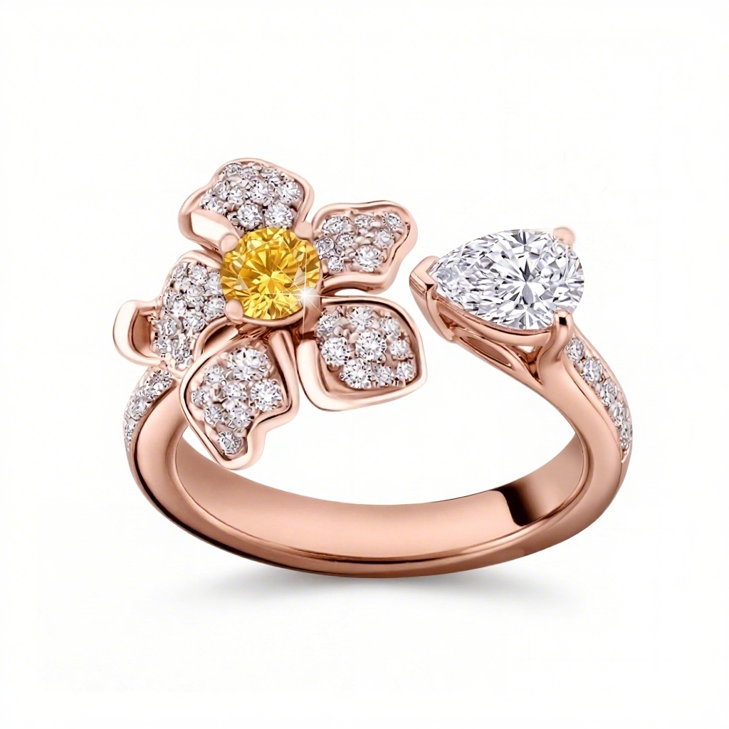 Bold 2.5 Ct.tw Floral Sparkling Yellow Round & Pear Cut S925 Silver Ring - Image 5
