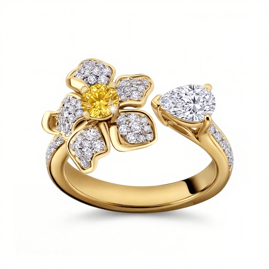 Bold 2.5 Ct.tw Floral Sparkling Yellow Round & Pear Cut S925 Silver Ring - Image 6