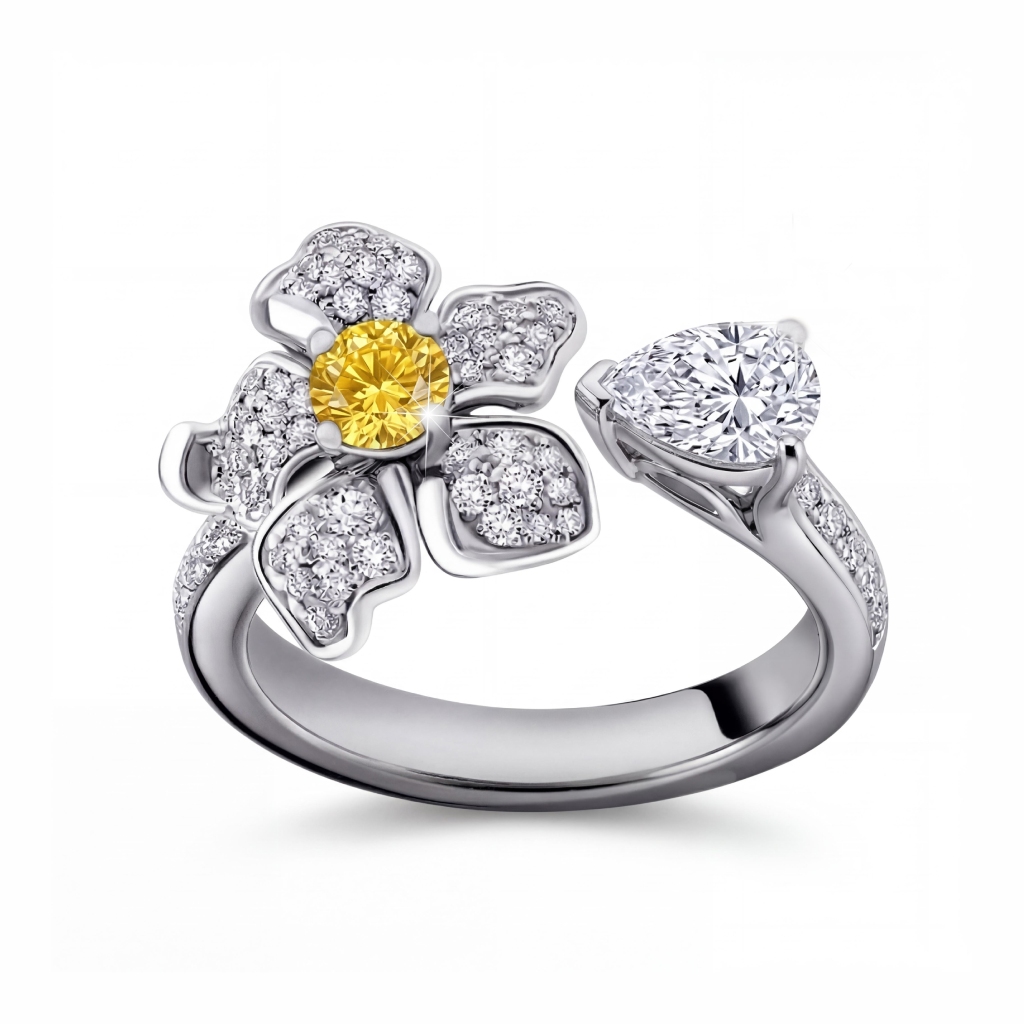 Bold 2.5 Ct.tw Floral Sparkling Yellow Round & Pear Cut S925 Silver Ring