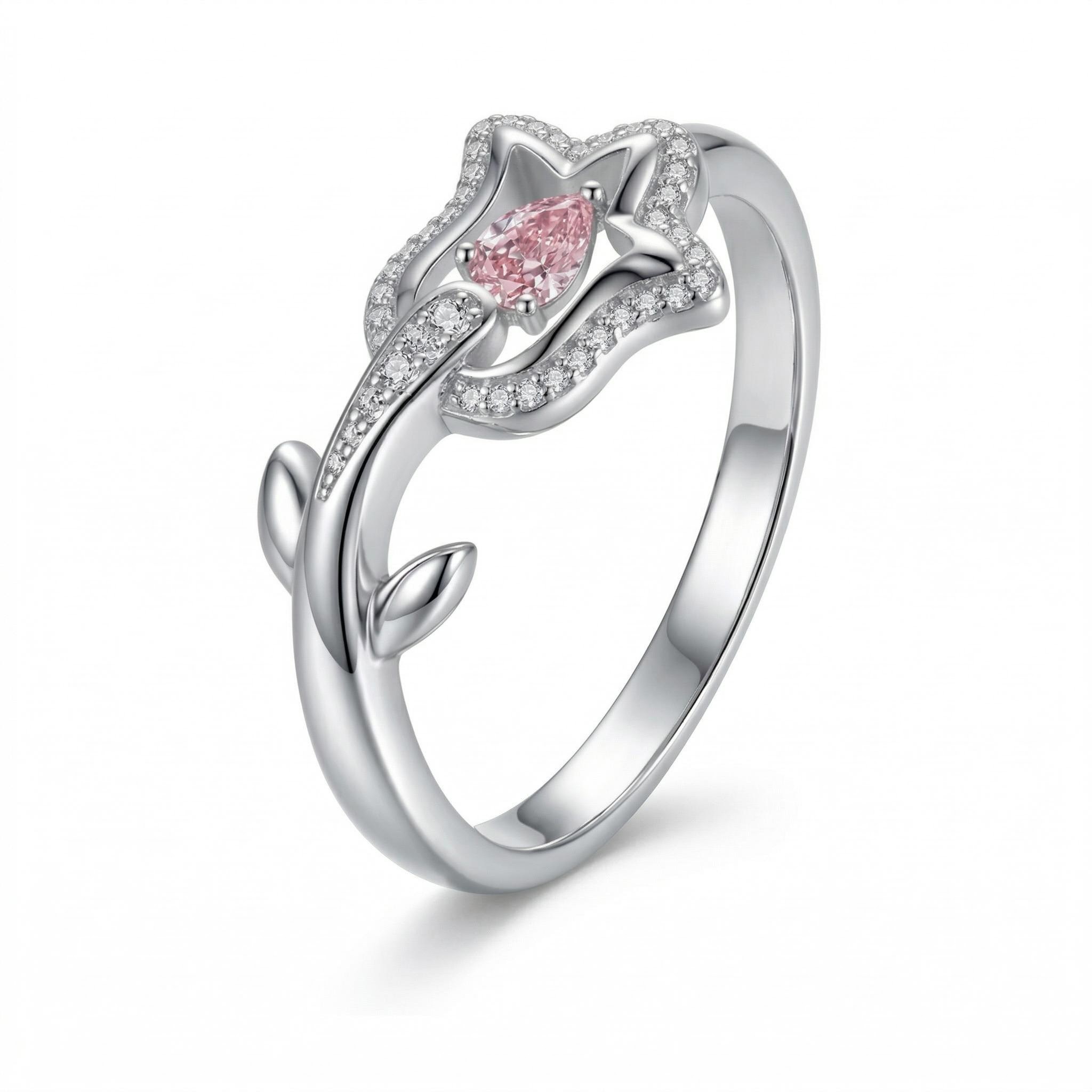 Bold 1.0 Ct.tw Floral Shape Pink Pear Cut S925 Silver Engagement Ring - Image 3