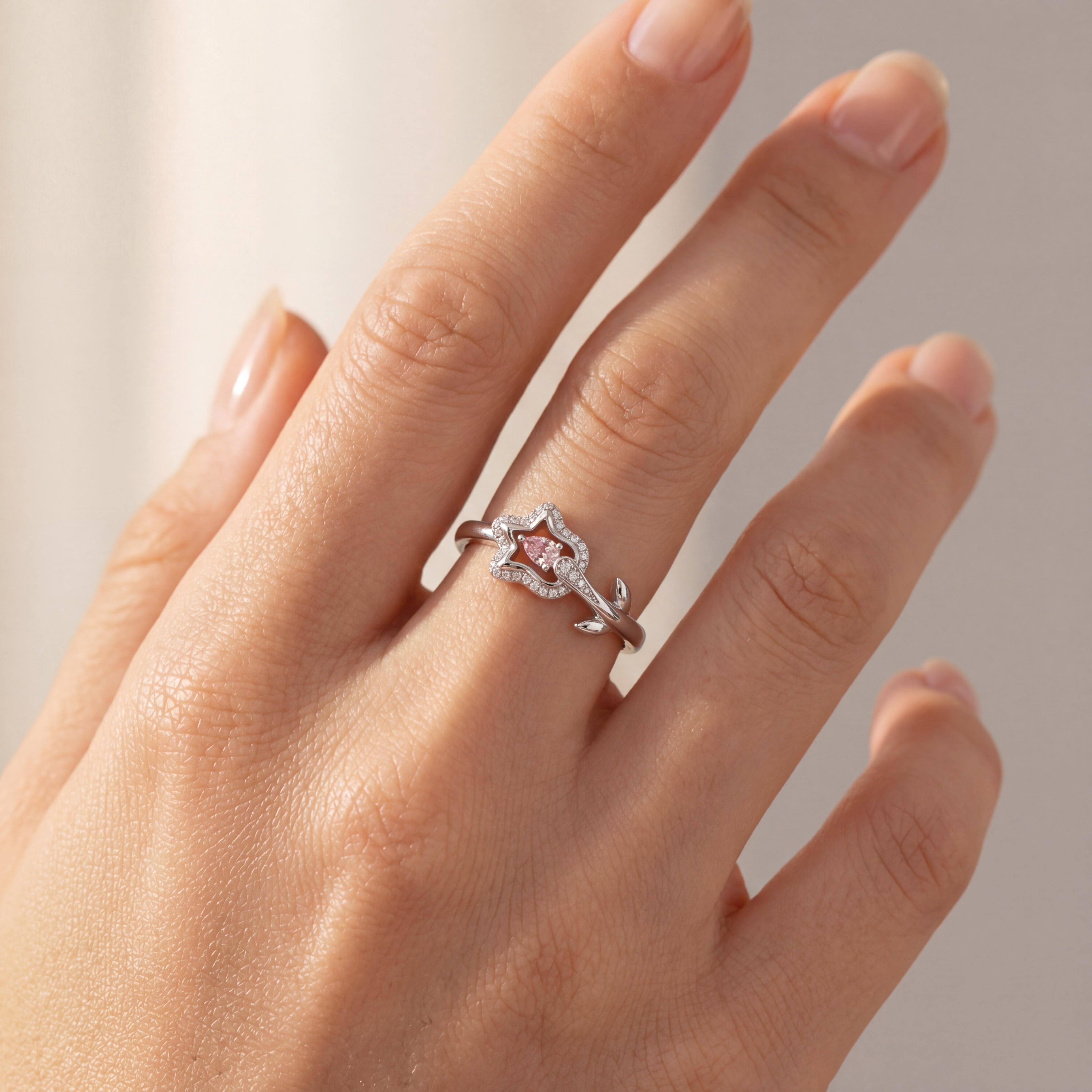 Bold 1.0 Ct.tw Floral Shape Pink Pear Cut S925 Silver Engagement Ring - Image 4