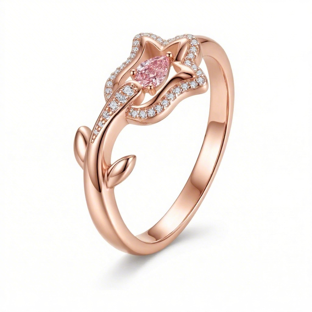 Bold 1.0 Ct.tw Floral Shape Pink Pear Cut S925 Silver Engagement Ring
