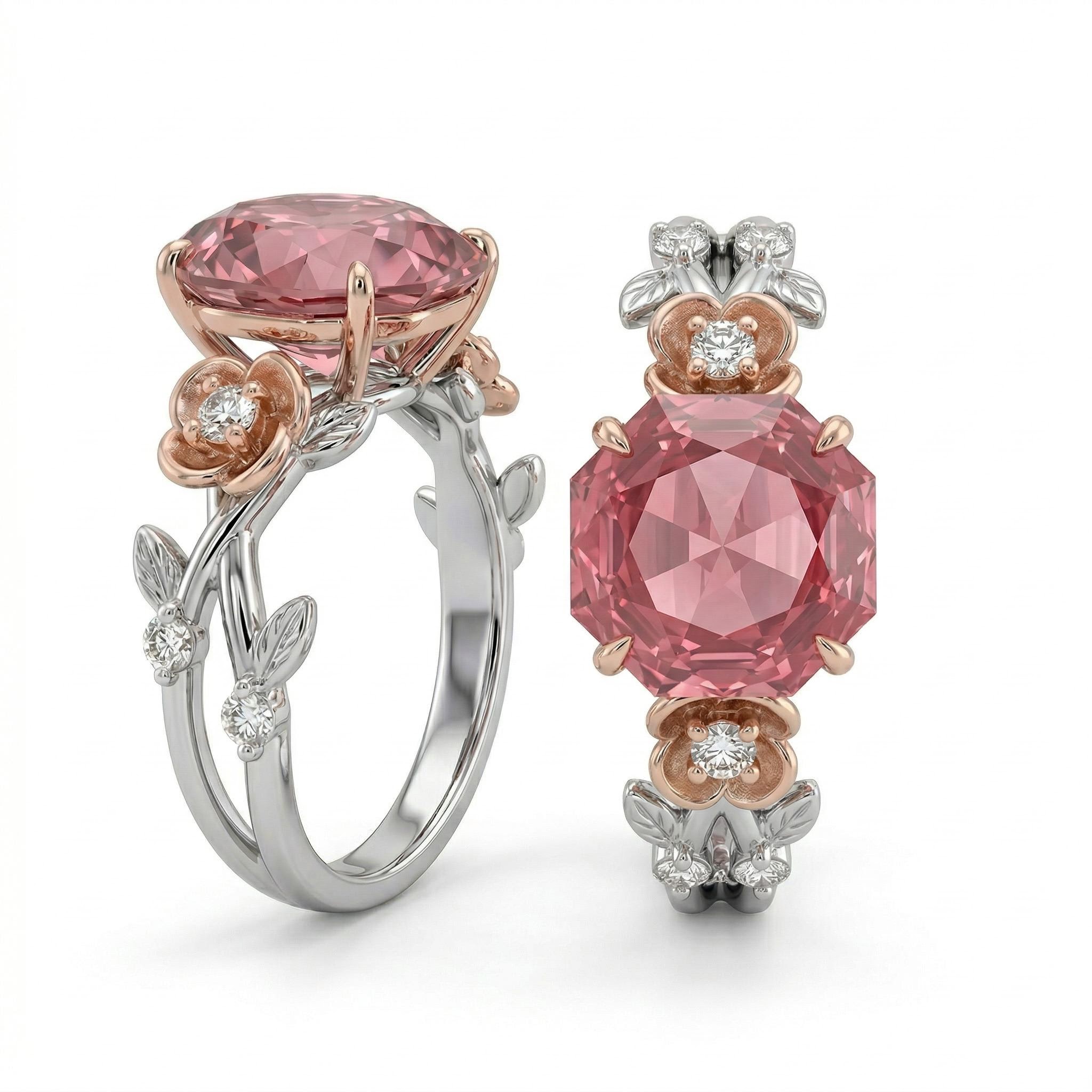 1.5 Ct.tw Floral Accent Ruby Rose Cut Two-tone S925 Silver Engagement Ring - Image 7