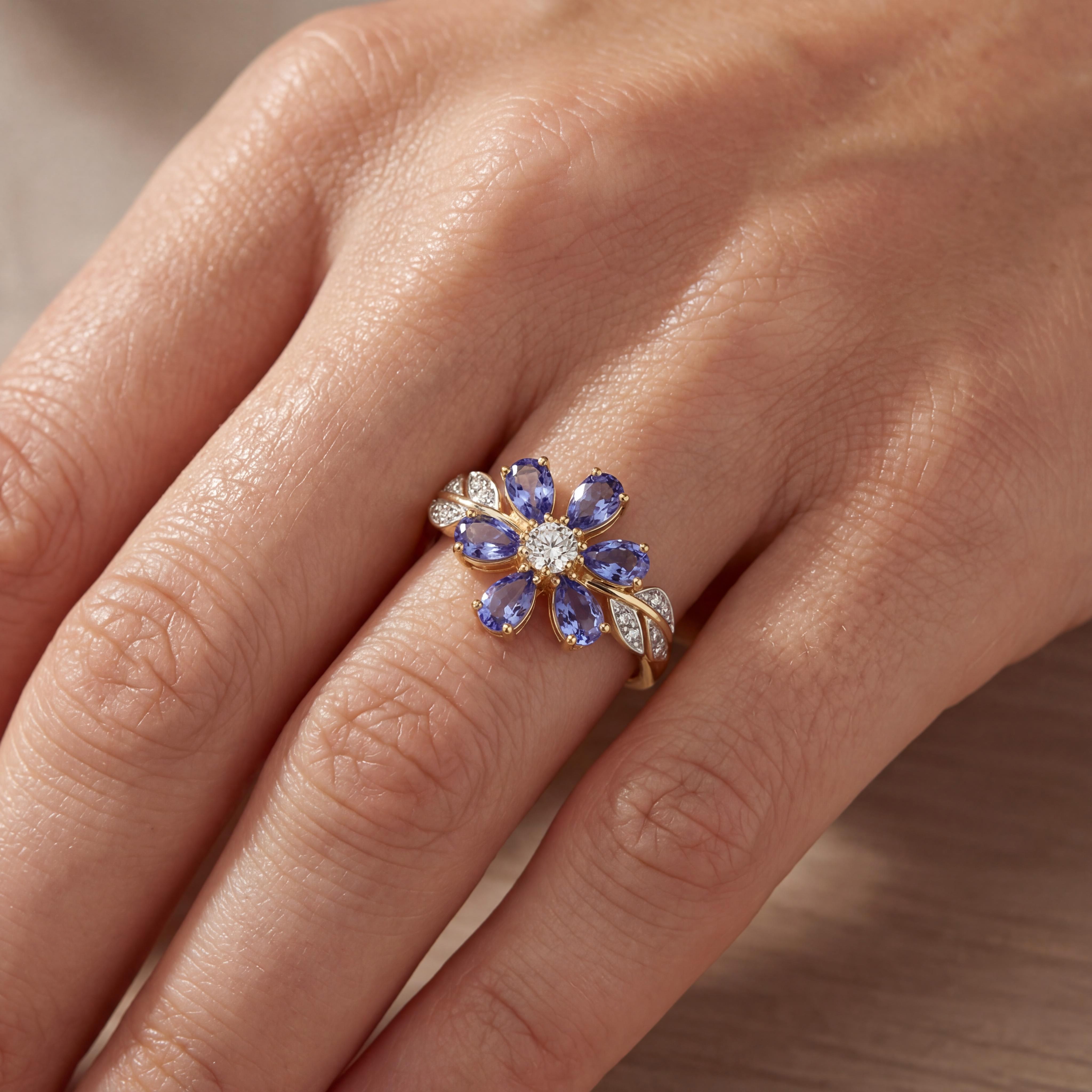 Bold 3.6 Ct.tw Nature-inspired Floral Blue Pear Cut S925 Silver Ring - Image 3