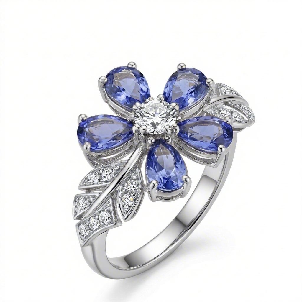 Bold 3.6 Ct.tw Nature-inspired Floral Blue Pear Cut S925 Silver Ring - Image 7