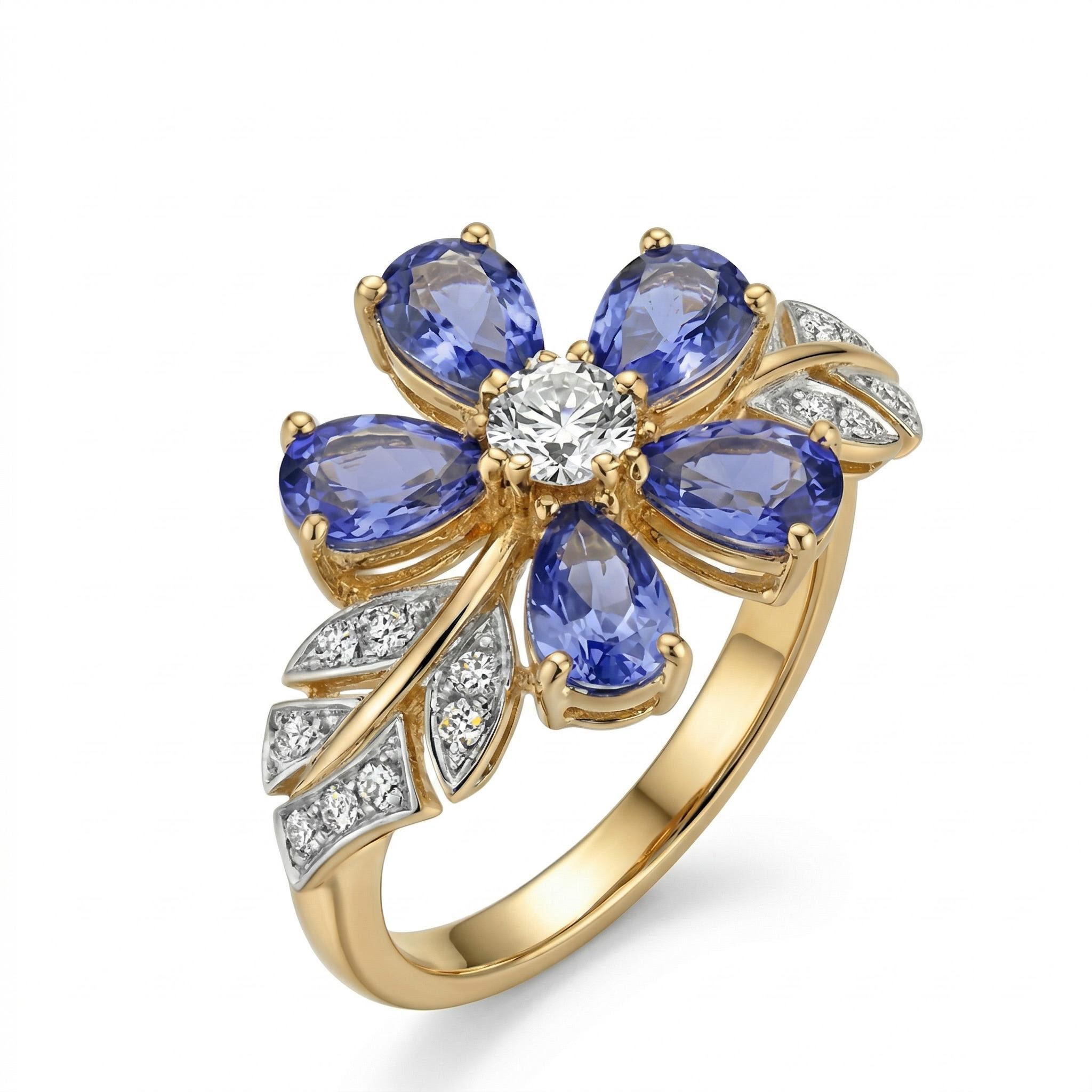 Bold 3.6 Ct.tw Nature-inspired Floral Blue Pear Cut S925 Silver Ring