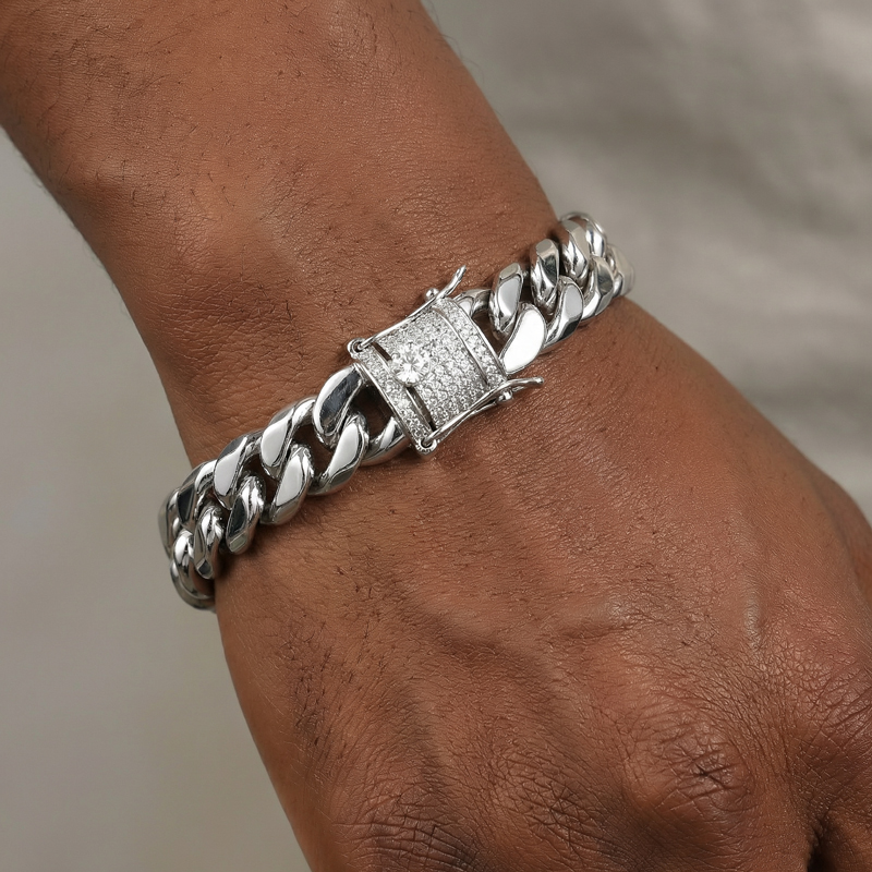10mm Stainless Steel Miami Cuban Bracelet With Iced Out Clasp Silver - Image 3
