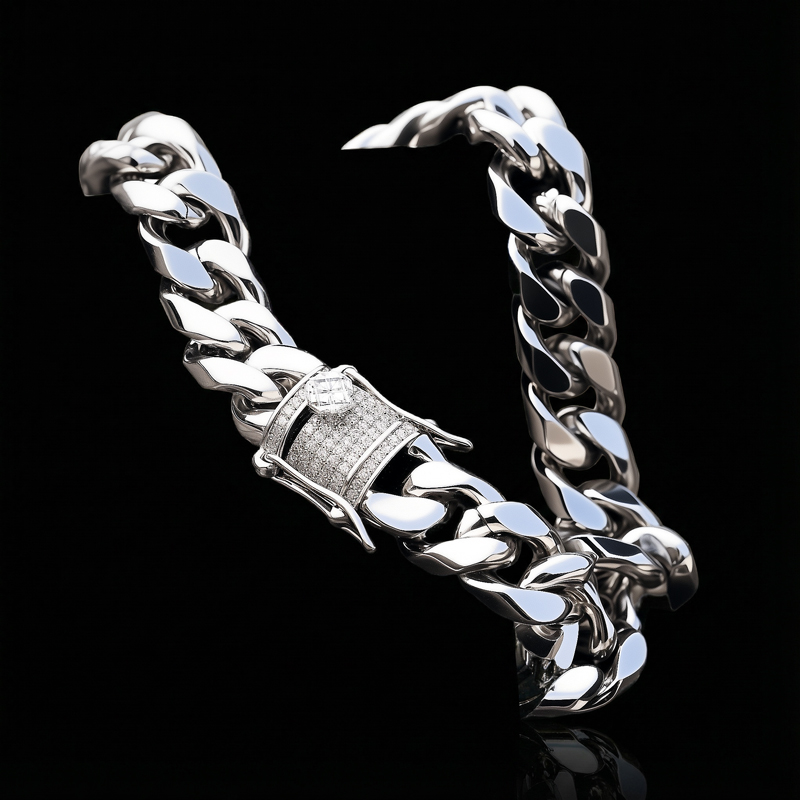 10mm Stainless Steel Miami Cuban Bracelet With Iced Out Clasp Silver - Image 4