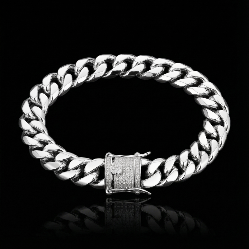 10mm Stainless Steel Miami Cuban Bracelet With Iced Out Clasp Silver