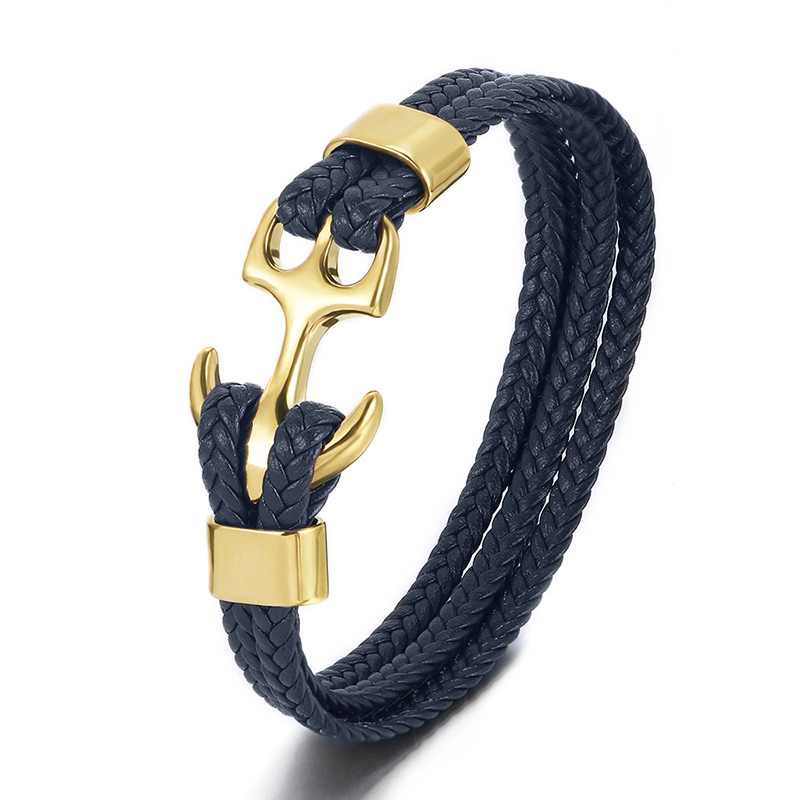 Black Braided Leather Gold Anchor Bracelet With Street Luxury Shine - Image 3