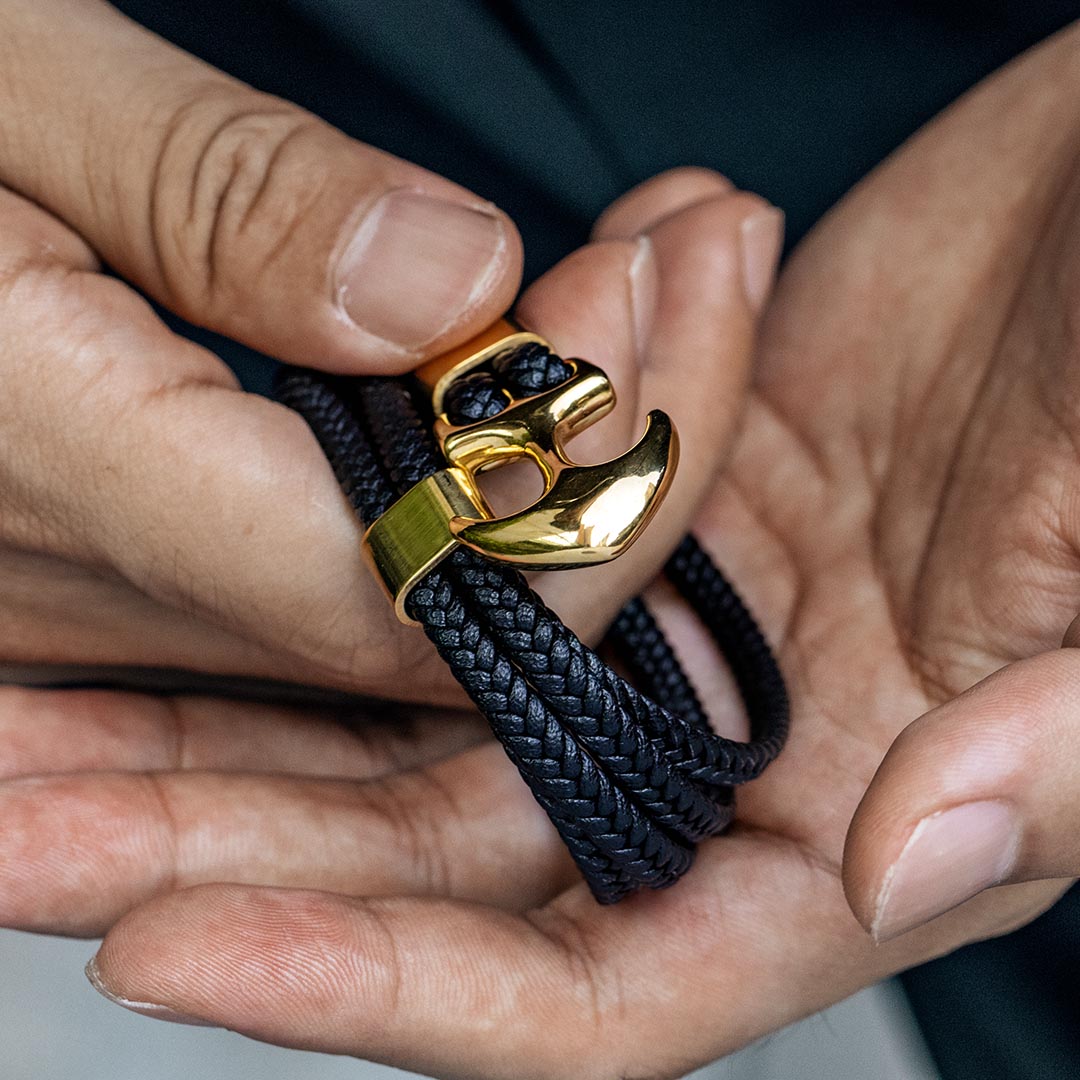 Black Braided Leather Gold Anchor Bracelet With Street Luxury Shine - Image 4