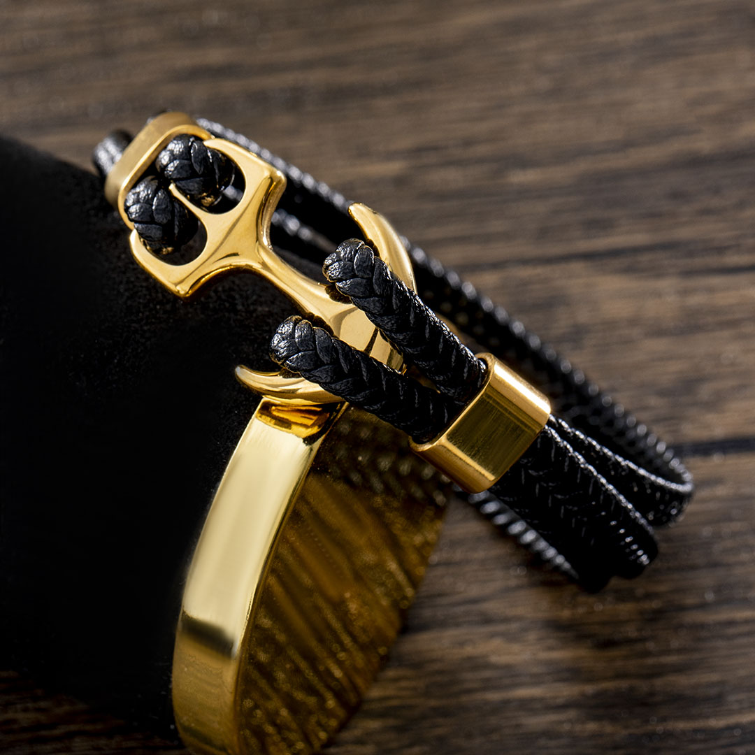 Black Braided Leather Gold Anchor Bracelet With Street Luxury Shine - Image 5