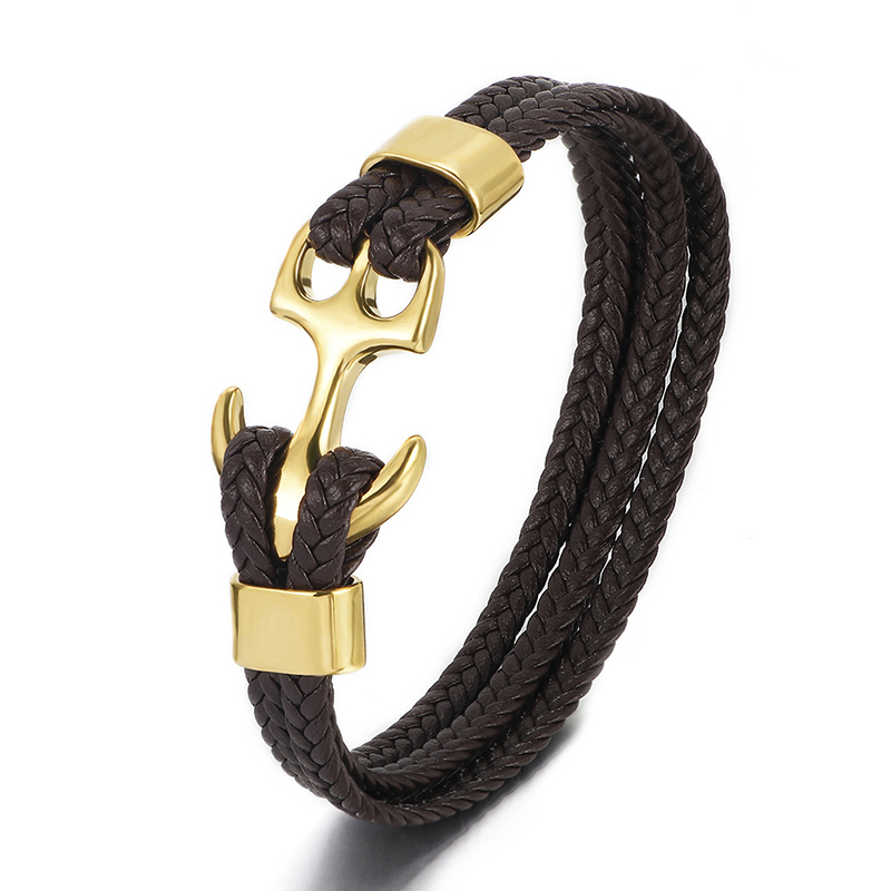 Black Braided Leather Gold Anchor Bracelet With Street Luxury Shine - Image 6