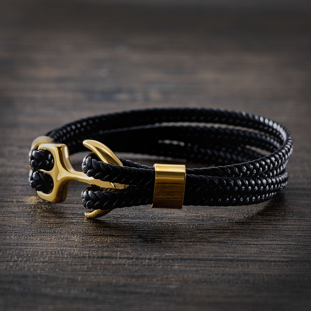 Black Braided Leather Gold Anchor Bracelet With Street Luxury Shine