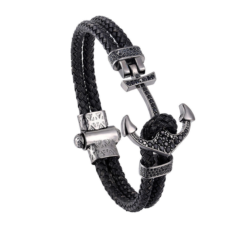 Black Braided Steel Wire Black Gold Anchor Bracelet With Gold Shine