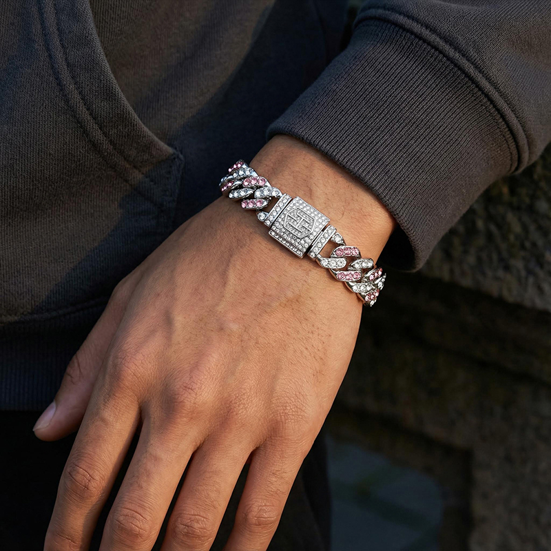 11mm White&pink Stones Cuban Link Bracelet Gold With Street Luxury Shine - Image 3