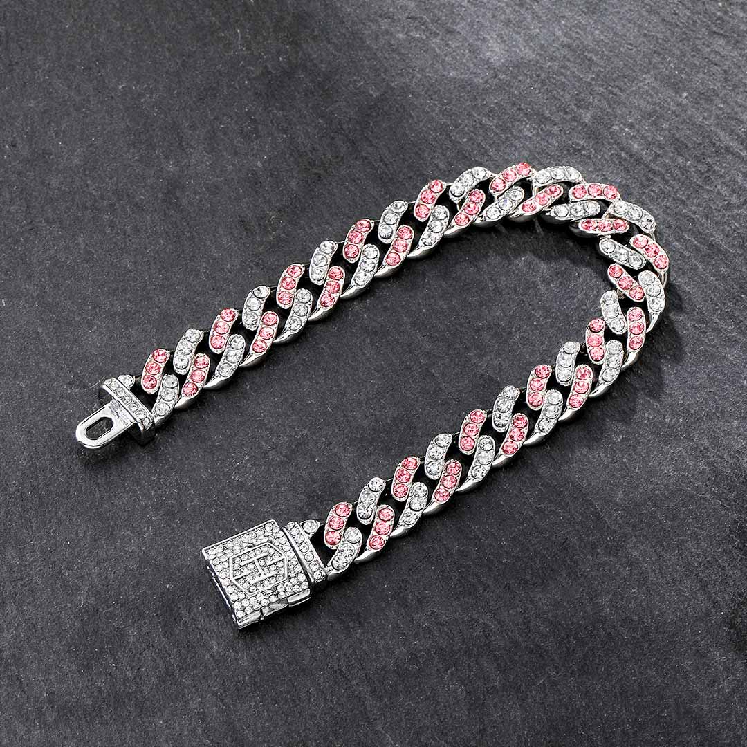 11mm White&pink Stones Cuban Link Bracelet Gold With Street Luxury Shine - Image 4
