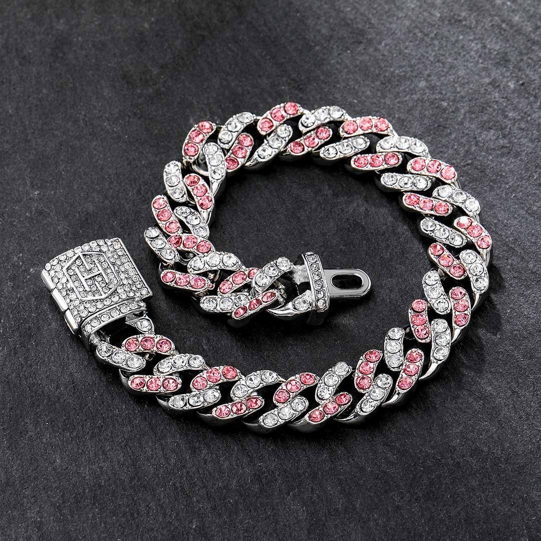 11mm White&pink Stones Cuban Link Bracelet Gold With Street Luxury Shine - Image 5