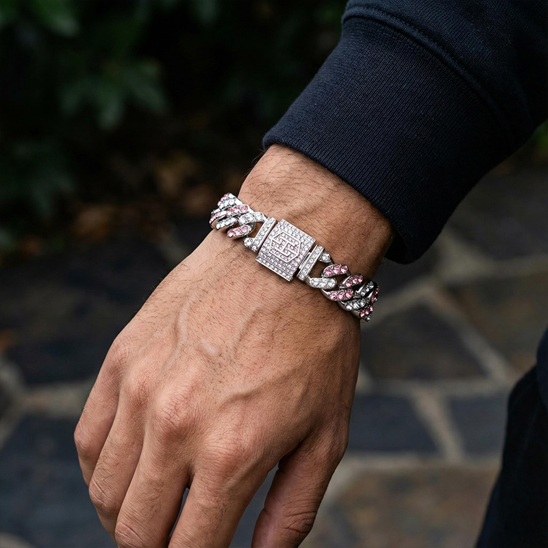 11mm White&pink Stones Cuban Link Bracelet Gold With Street Luxury Shine - Image 7