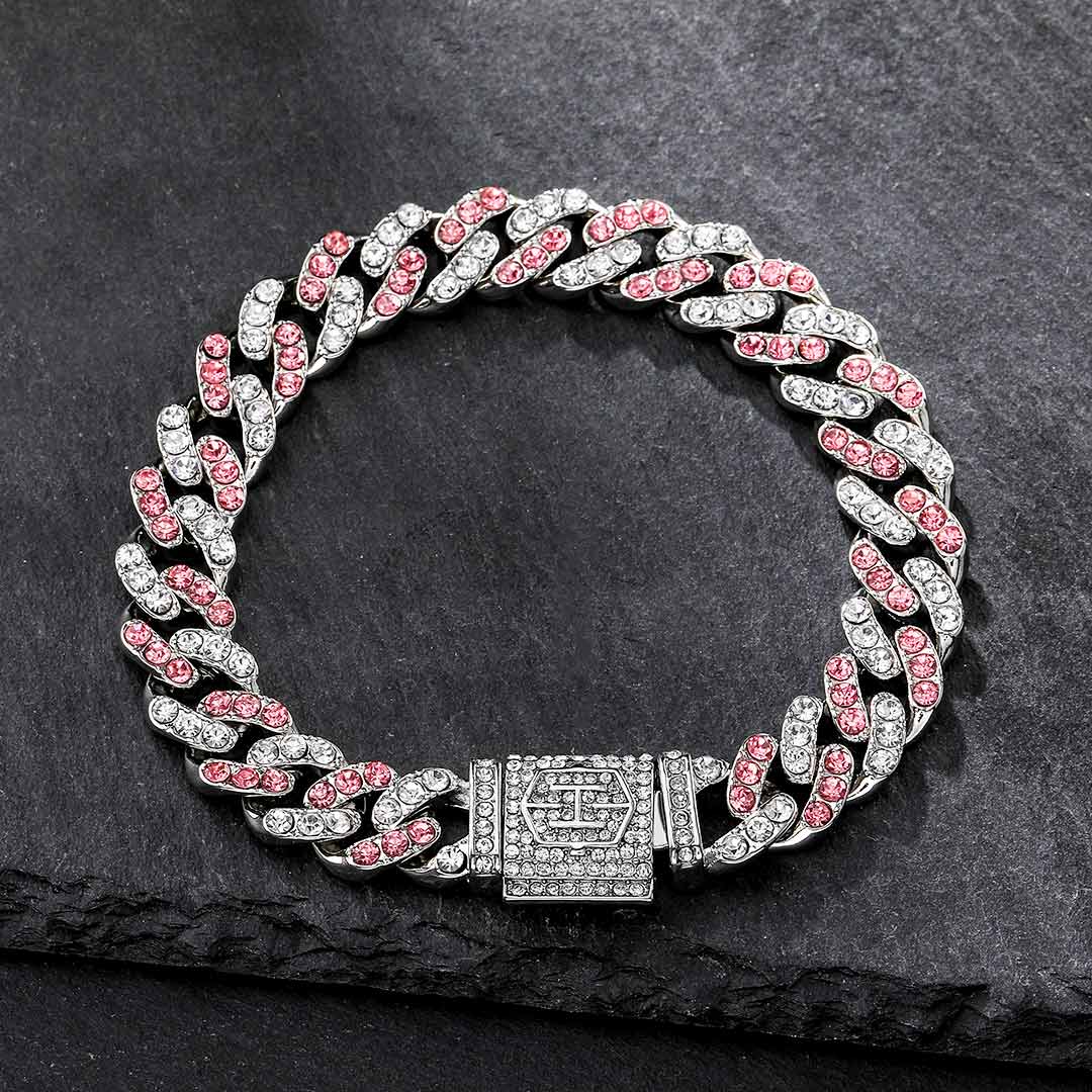 11mm White&pink Stones Cuban Link Bracelet Gold With Street Luxury Shine
