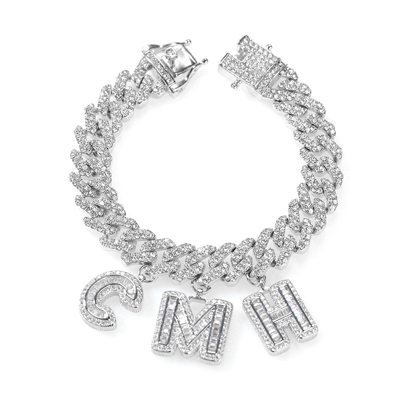 Street Luxury Baguette Cut Custom Name 12mm 8 Cuban Bracelet In White Gold