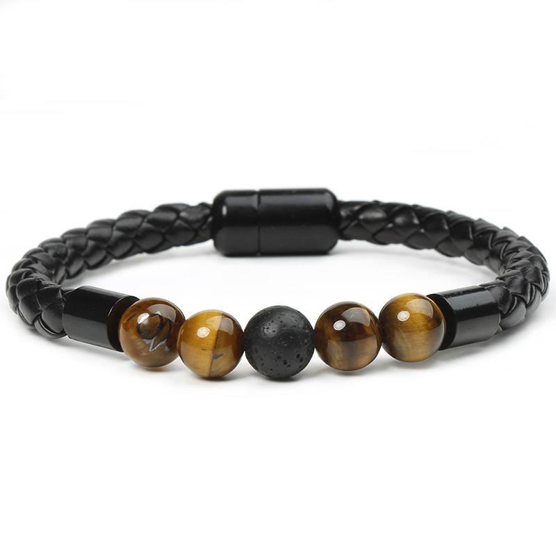 Bold Natural Tiger Eye Lava Beads Leather Magnetic Healing Bracelet