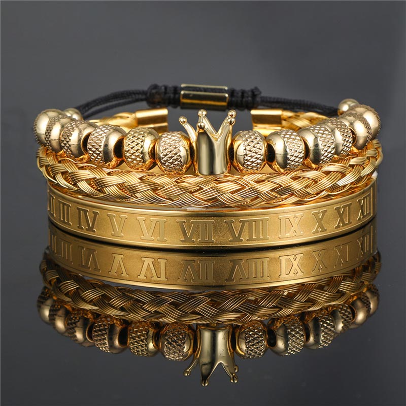 3pcs Crown Beads And Roman Number Steel Bracelet Set Silver