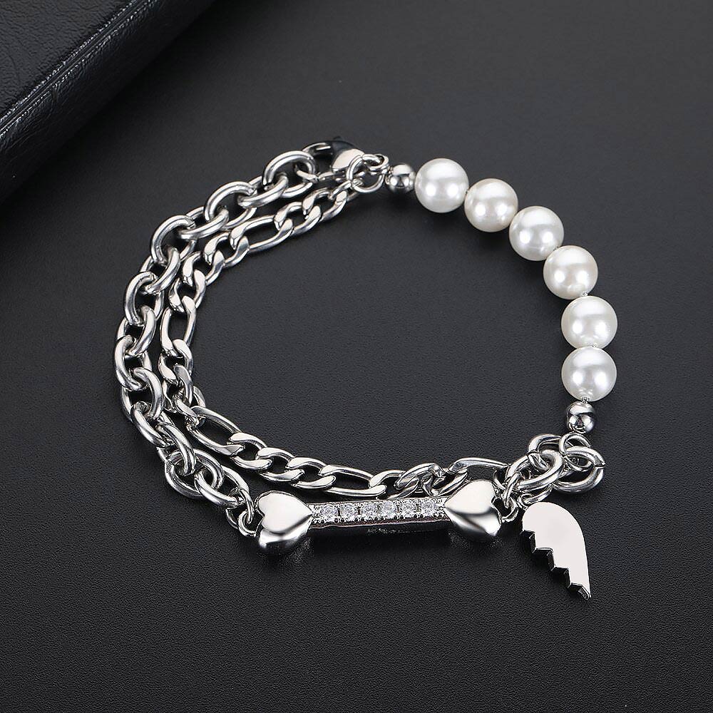 Pearl And Cuban Chain With Half Heart Bracelet With Street Luxury Shine
