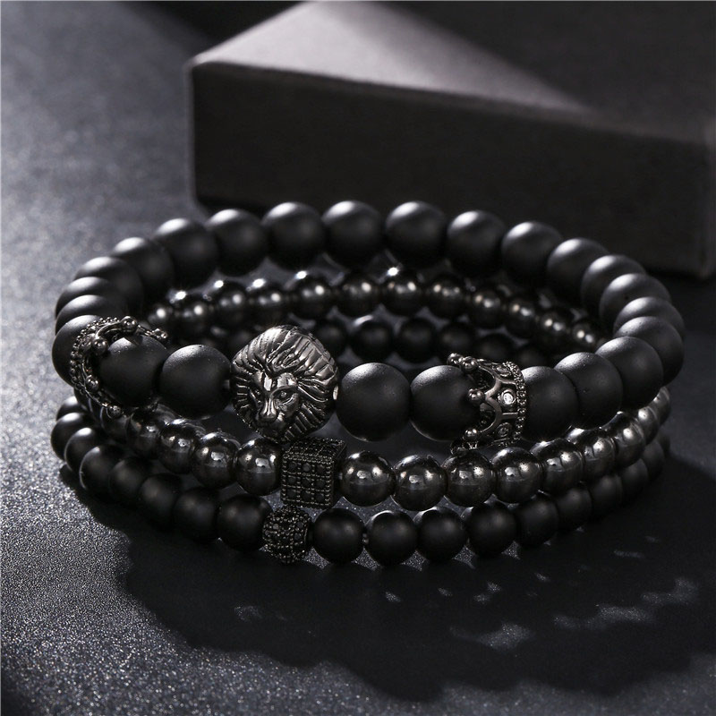 3pcs Iced Out Crown Lion Head Bracelet Set Silver With Street Luxury Shine - Image 3