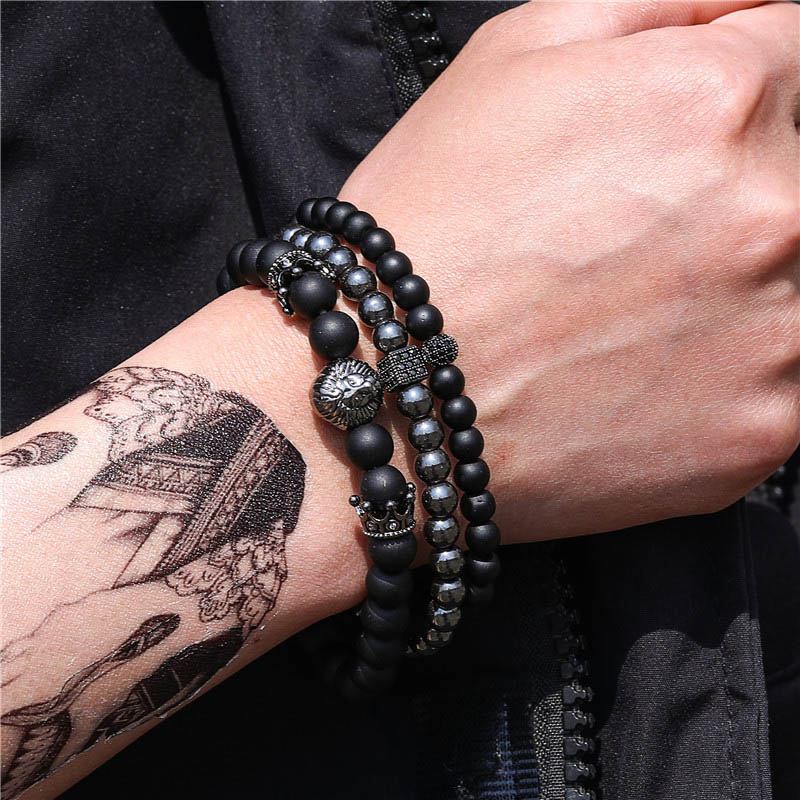 3pcs Iced Out Crown Lion Head Bracelet Set Silver With Street Luxury Shine - Image 4