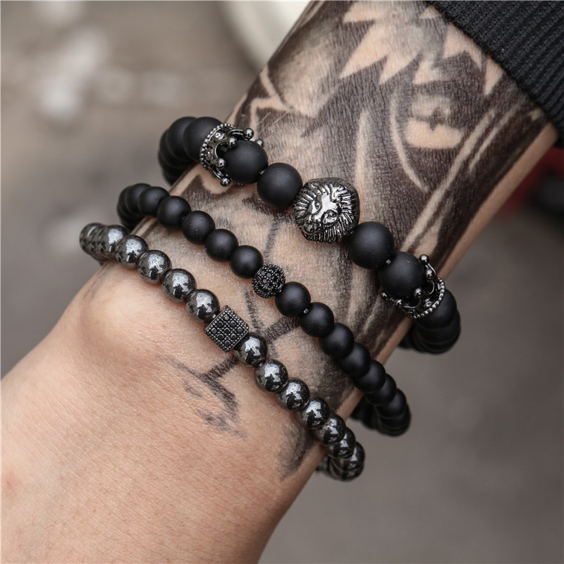 3pcs Iced Out Crown Lion Head Bracelet Set Silver With Street Luxury Shine