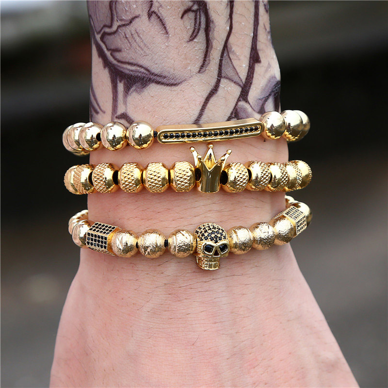 3pcs Iced Out Skull Crown Beads Bracelet Set With Street Luxury Shine