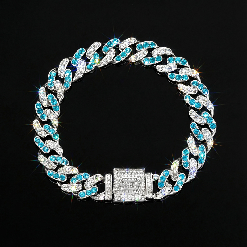 11mm Blue & White Stones Cuban Bracelet In White Gold With Gold Shine