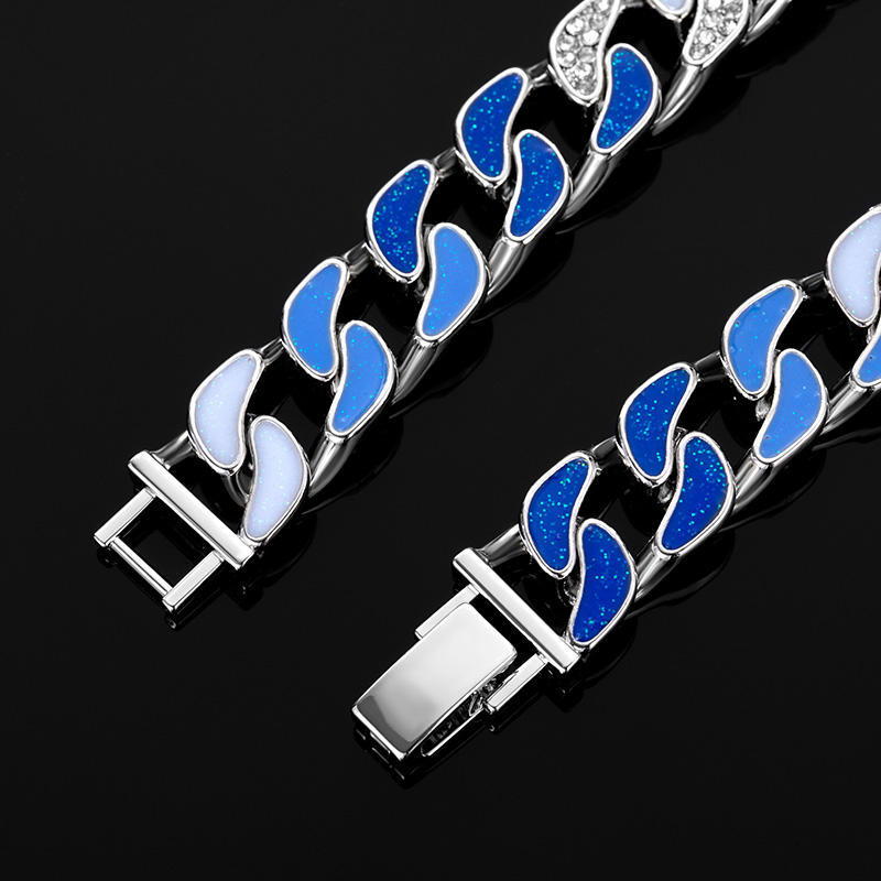 Iced Out 12mm Gradient Blue Cuban Bracelet In White Gold With Gold Shine - Image 4