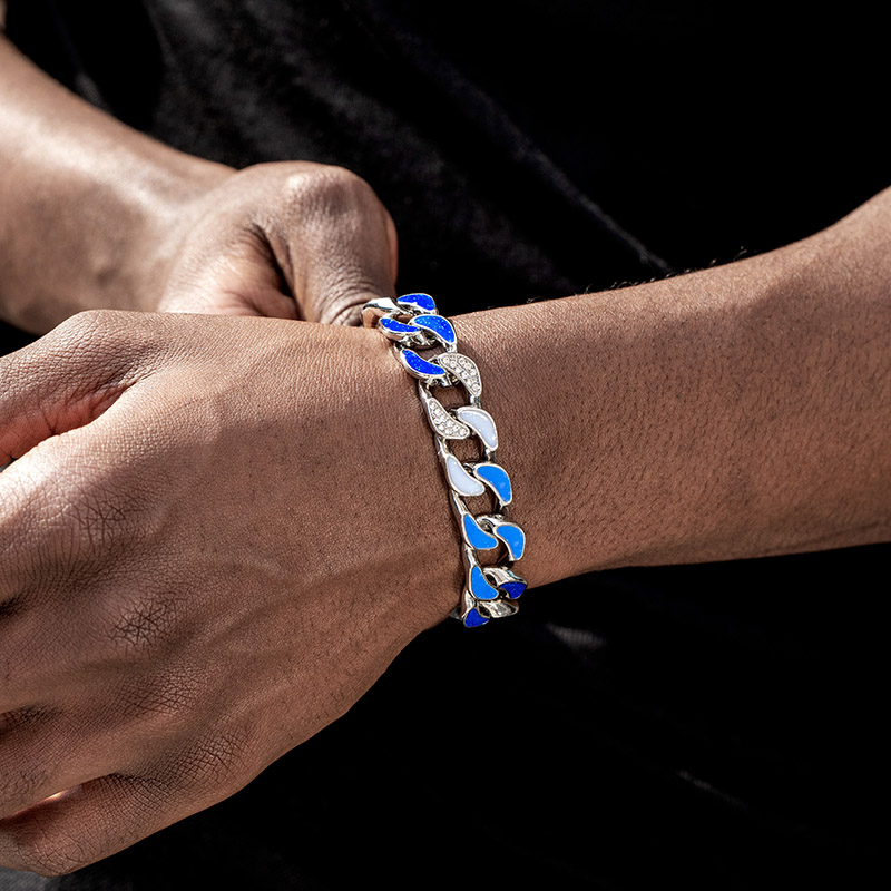 Iced Out 12mm Gradient Blue Cuban Bracelet In White Gold With Gold Shine