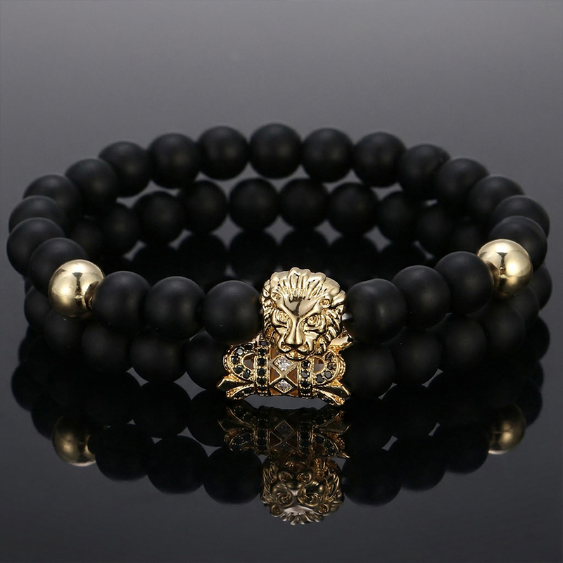 2pcs Iced Out Lion Black Matte Agate Beaded Elastic Bracelets Silver