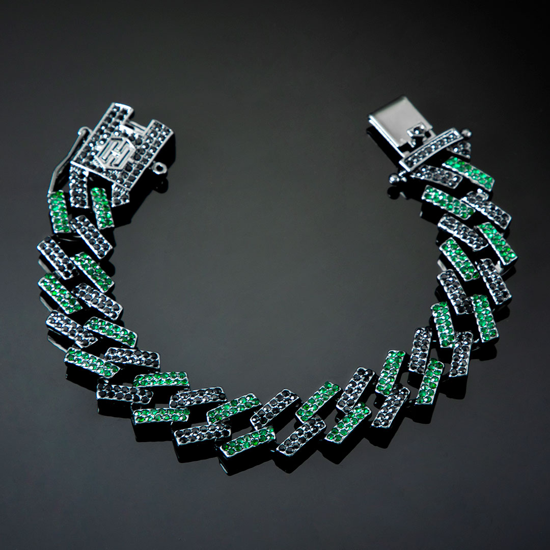 Bold Iced Out 14mm Emerald & Black Prong Cuban Bracelet In Black Gold - Image 3