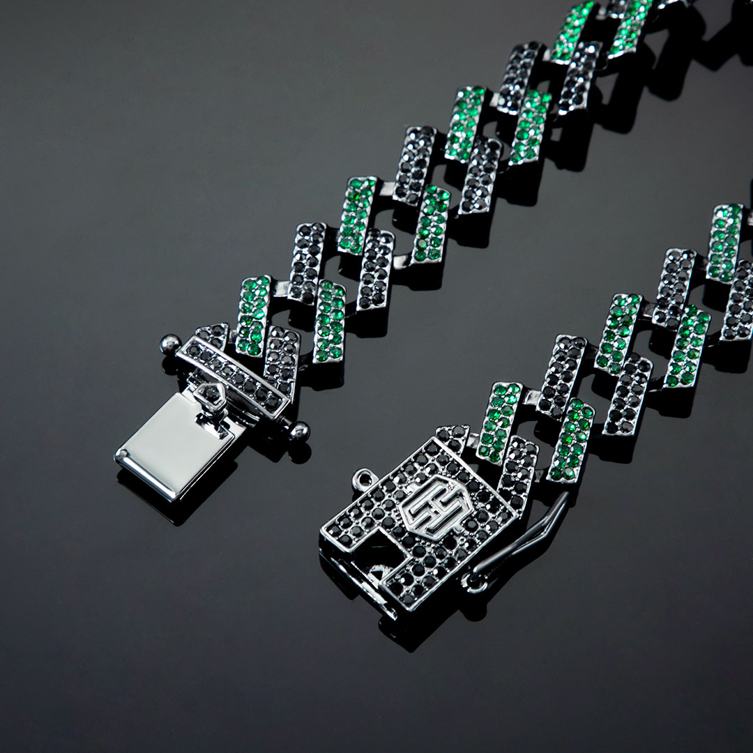 Bold Iced Out 14mm Emerald & Black Prong Cuban Bracelet In Black Gold - Image 4
