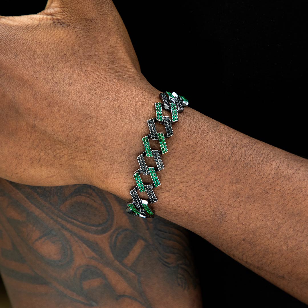 Bold Iced Out 14mm Emerald & Black Prong Cuban Bracelet In Black Gold