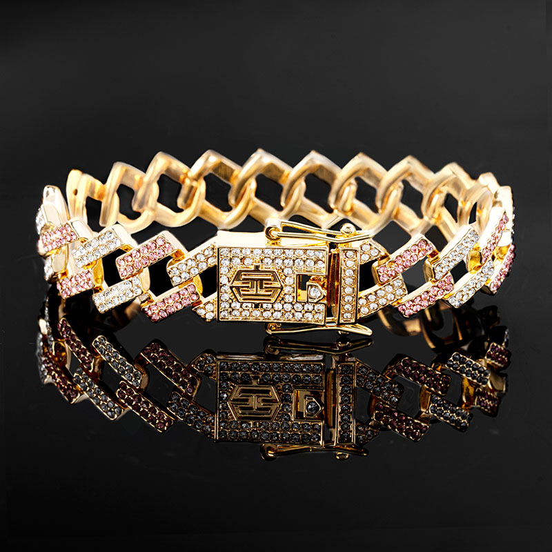 Iced Out 14mm White & Pink Prong Cuban Bracelet In Gold With Gold Shine - Image 3