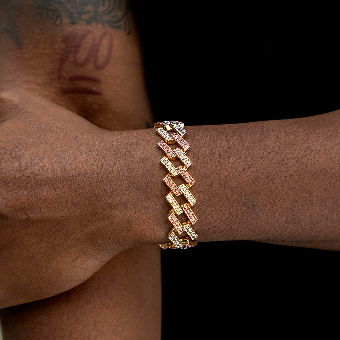 Iced Out 14mm White & Pink Prong Cuban Bracelet In Gold With Gold Shine