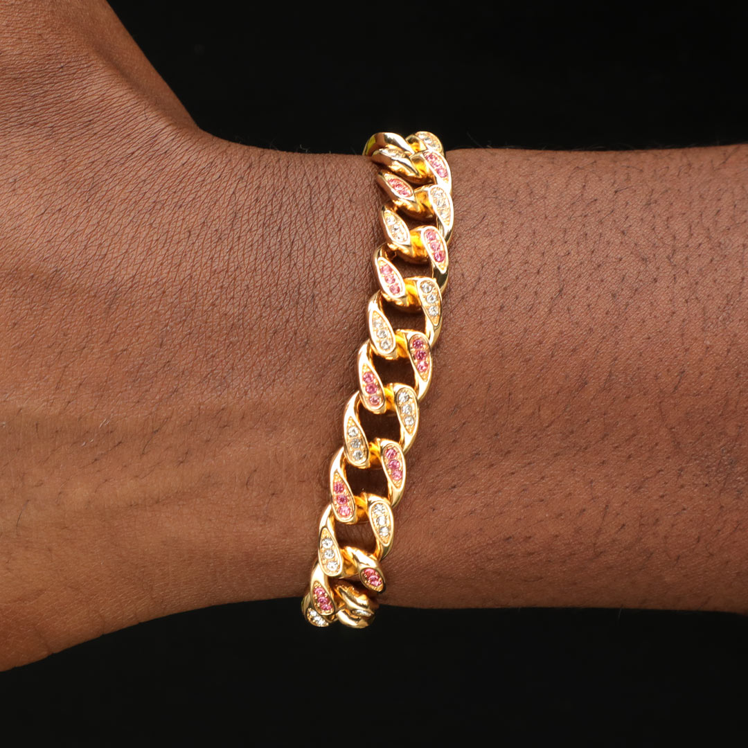 Iced Out 10mm Tear Drop Pink & White Miami Cuban Bracelet Gold - Image 4