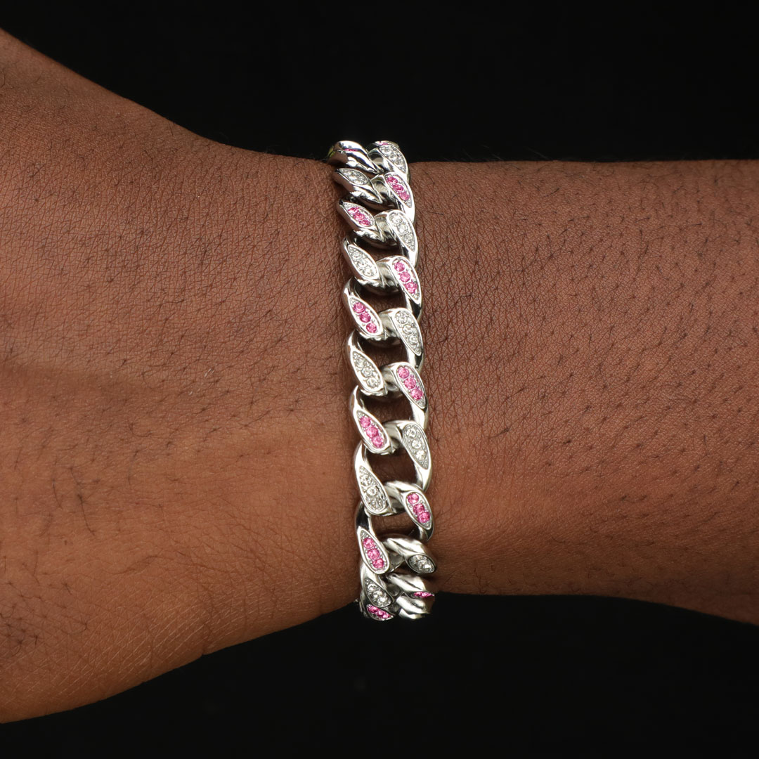 Iced Out 10mm Tear Drop Pink & White Miami Cuban Bracelet Gold