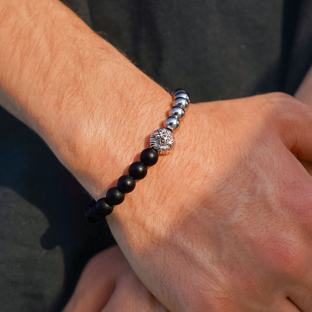 Lion Head Natural Stone Bead Bracelet Silver With Street Luxury Shine - Image 3