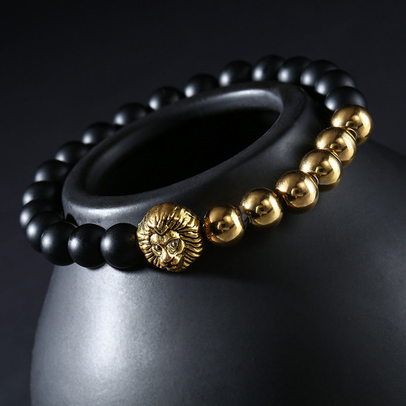 Lion Head Natural Stone Bead Bracelet Silver With Street Luxury Shine - Image 4