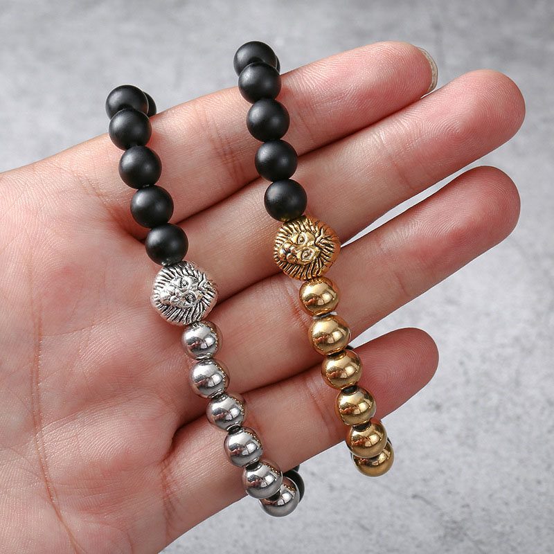 Lion Head Natural Stone Bead Bracelet Silver With Street Luxury Shine
