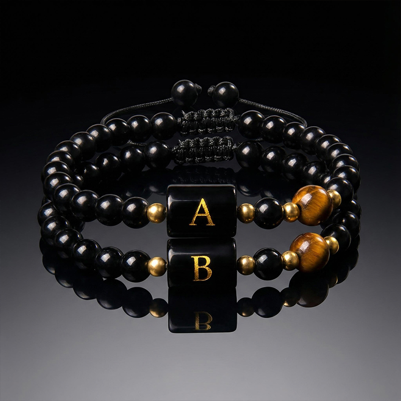Bold 26 Initial Letter Black Obsidian Tiger Eye Stone Braided Bracelet