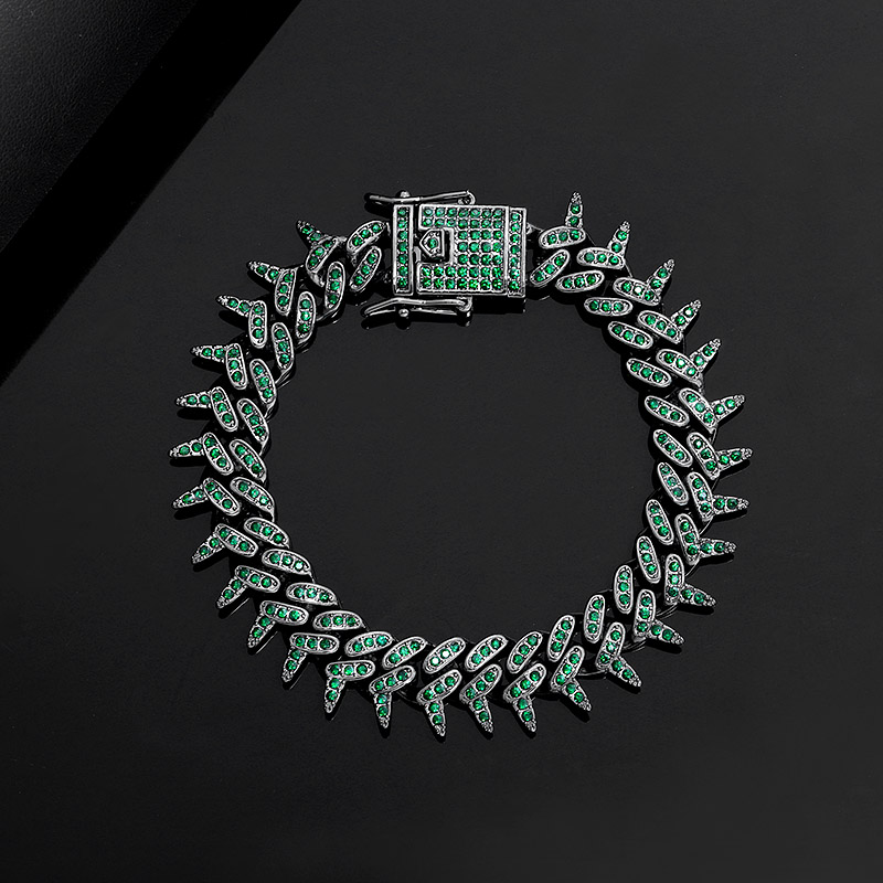 Iced Out 13mm Emerald Rivet Spike Thorns Cuban Bracelet Gold - Image 4